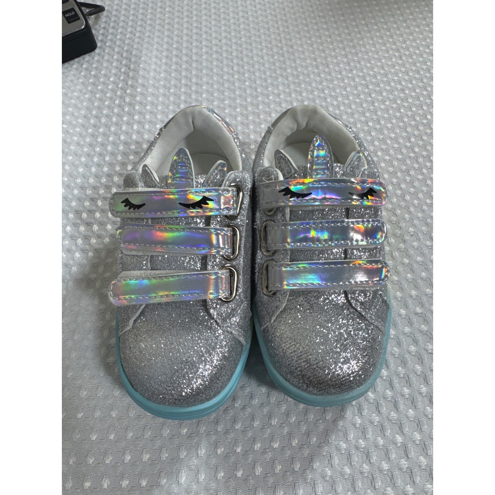 FabKids Sneakers Toddler 7 Unicorn Glitter Silver Rainbow Casual NWOB